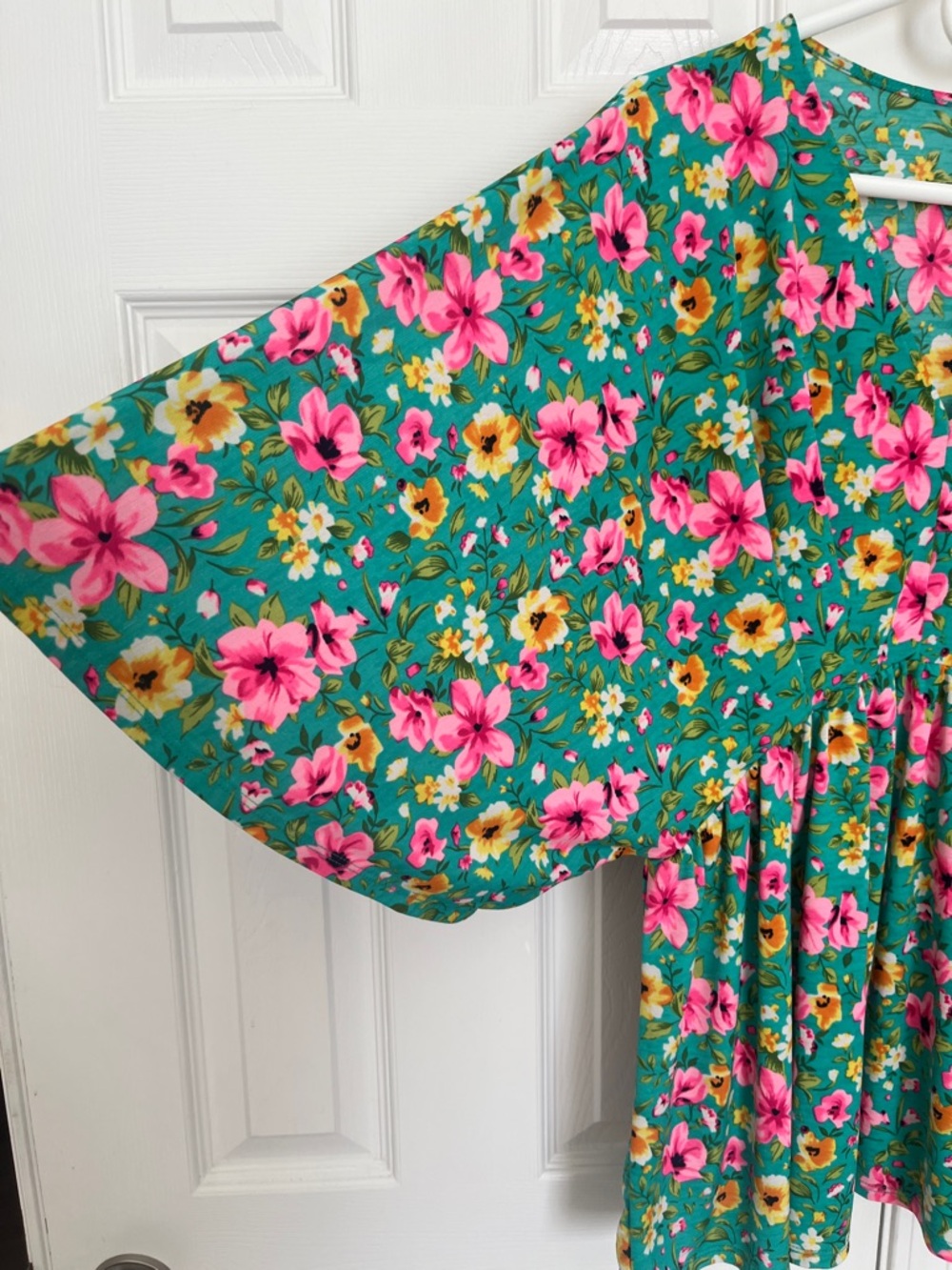 Dear Scarlett Floral Teal Babydoll Tunic with Pink & Yellow Blooms - Picture 3 of 5